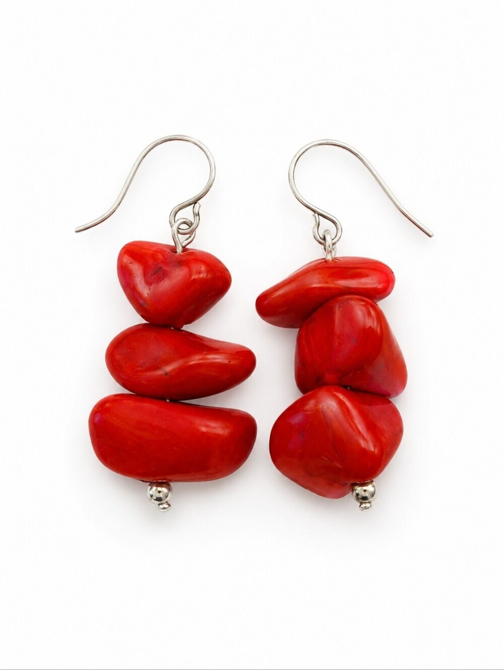 Handmade Tomato Red Stacked Chunky Coral Beaded Dangle Hook Earrings